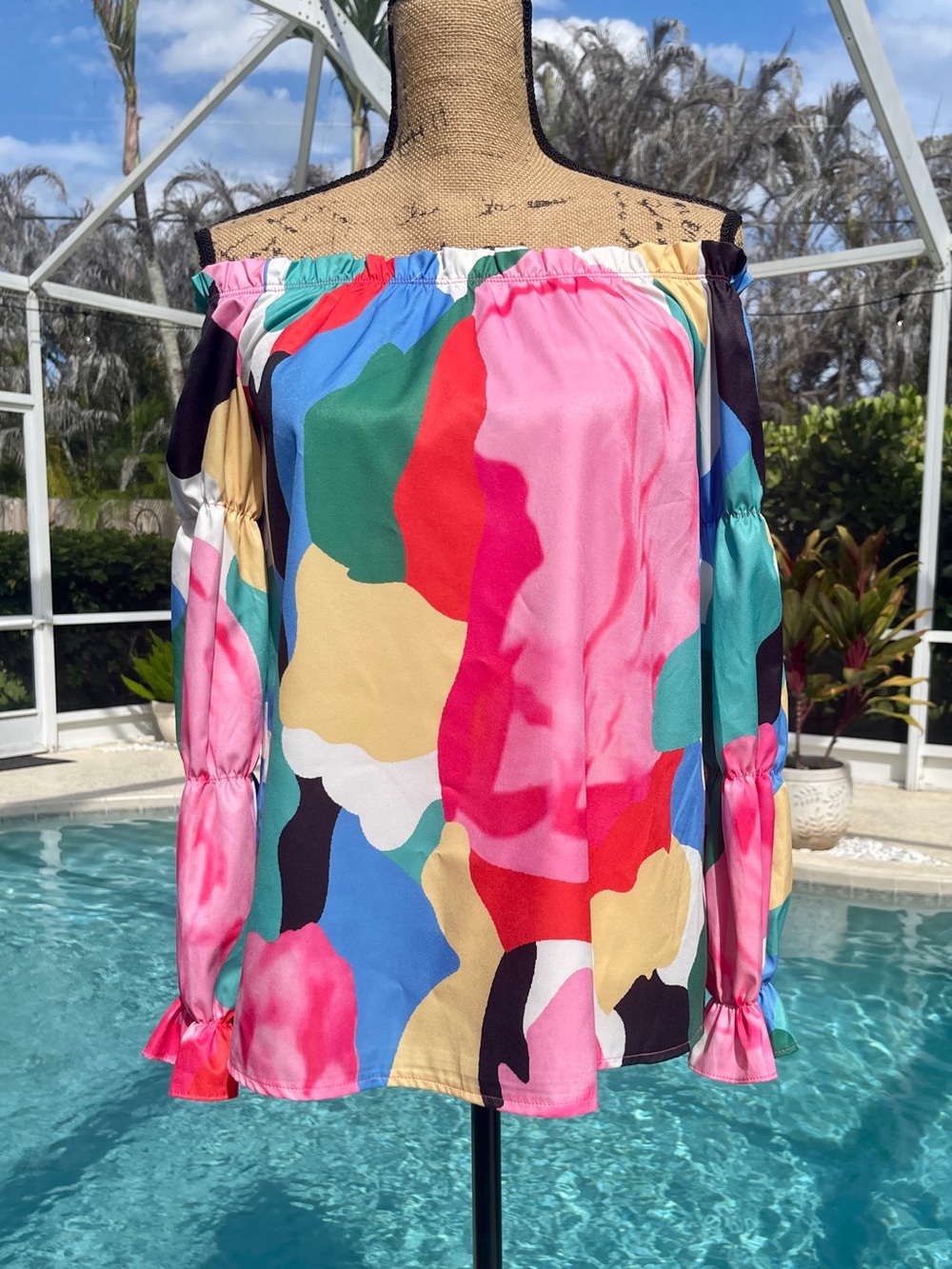 Colorful Off‑Shoulder Abstract Print Blouse - Multicolor - Size S